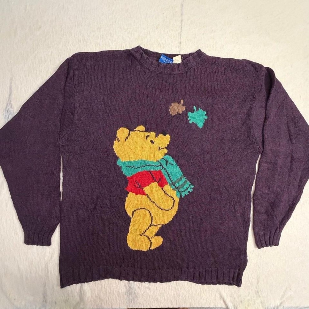 Vintage Disney Pooh Sweater Purple Knit Winnie the Pooh Scarf‎ Graphic Adult L